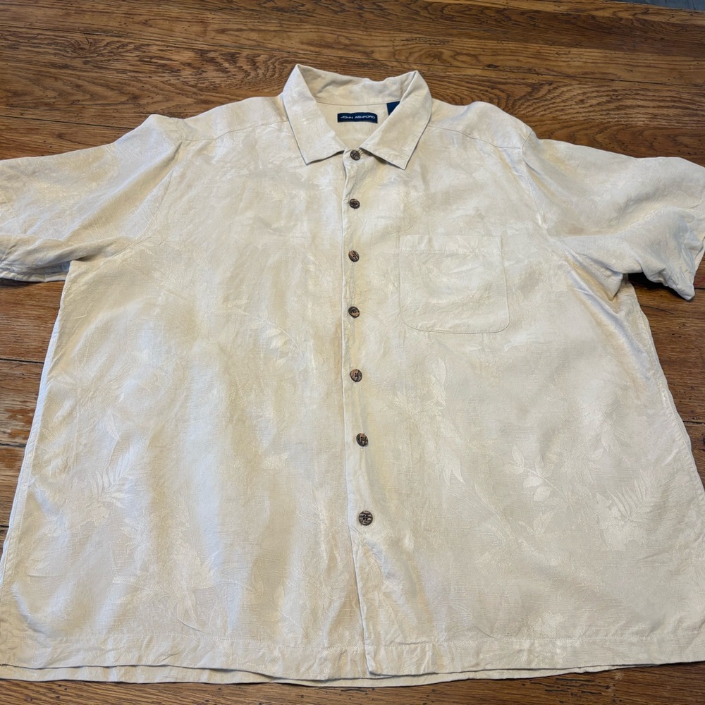 John Ashford 100%Coastal Hawaiian Cream on Cream Palm Jacquard Button Shirt XXL
